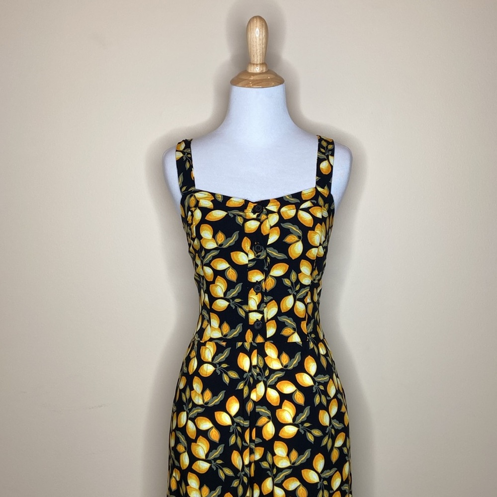 NWOT LOFT black w/🍋 jumpsuit, button front, elastic ruching back, size XS. CUTE - Picture 5 of 9